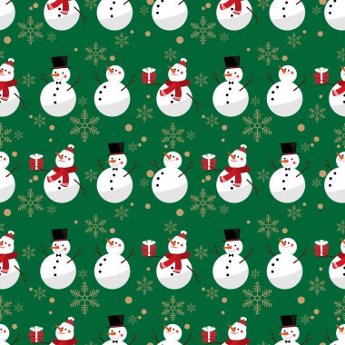 Kış kostümlü bir grup kardan adamın yeşil arka planda kar taneli hediye kutusuyla Noel tatili kusursuz desenleri. Kış tatili geçmişi ve ambalaj kağıtları vesaire için tasarım. Vektör illüstrasyonu.