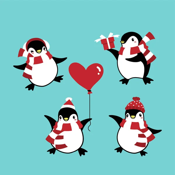 Conjunto Pingüinos Traje Invierno Para Temporada Felicitación Navideña Lindo Personaje — Vector de stock