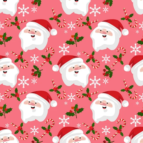 Christmas holiday seamless pattern of Happy Santa Claus with holly berries branches, candy cane and snowflakes on pink background. Design for winter holiday season background and wrapping papers etc. Vector illustration.