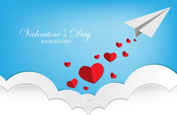발렌틴들은 종이로 비행기를 배경으로 심장이 하늘색 하늘에 떨어지고 예술에서의 사랑의 — 스톡 벡터