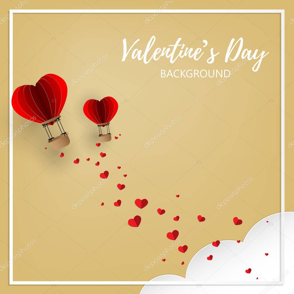 Valentines day background of tiny red paper hearts falling from a couple of hot air balloon in hearts shapes with clouds and white frame and background for your copy space. Design for greeting card or banner in paper art and craft style.