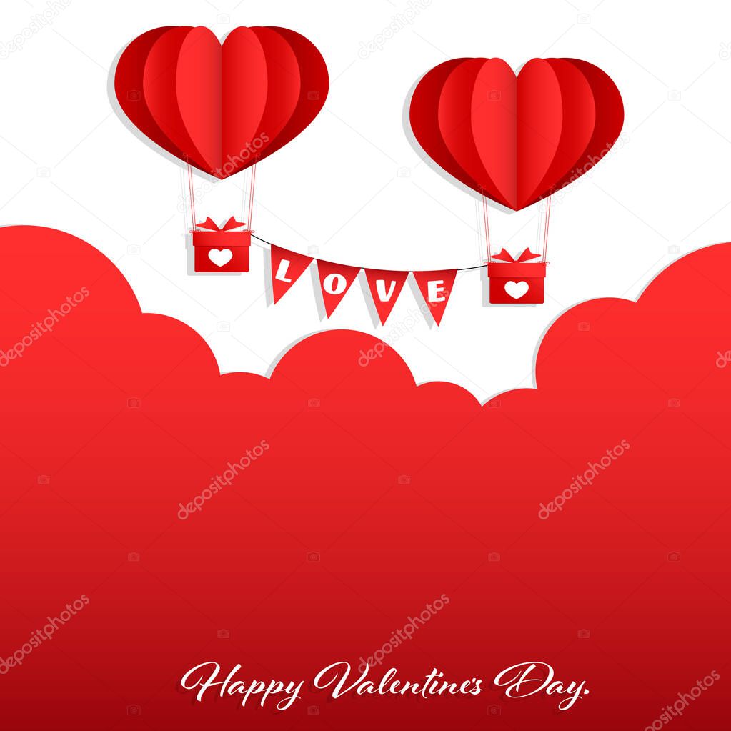 Valentines day background of heart shaped hot air balloons with gift box and flag with love text hanging on white background with red clouds and Happy Valentine's Day text. Concept of love in paper art style. Vector illustration.