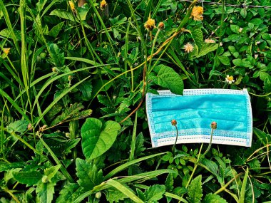 Yol kenarındaki çimlere bırakılmış eski tıbbi maskeler..