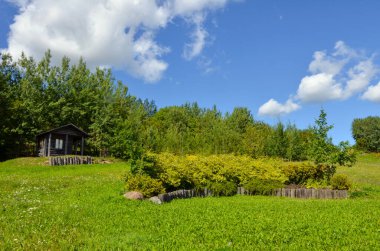 Yeşil tarlada eski ahşap kulübe ve mavi gökyüzü