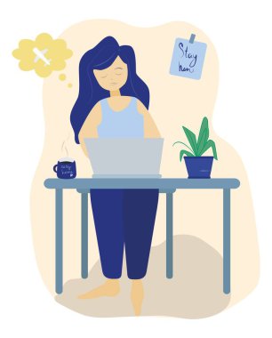 Evde çalışmak, ortak çalışma alanı. Evde dizüstü bilgisayarlar ve bilgisayarlar üzerinde çalışan serbest çalışanlar. Karantinadaki insanlar. Vektör düz biçim illüstrasyonu