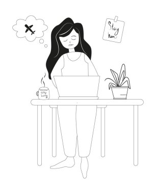 Evde çalışmak, ortak çalışma alanı. Evde dizüstü bilgisayarlar ve bilgisayarlar üzerinde çalışan serbest çalışanlar. Karantinadaki insanlar. Vektör düz biçim illüstrasyonu