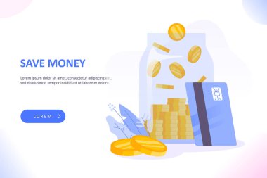 Para ve yatırım kavramından tasarruf et. Kavanozda para biriktiriyorum. Para kavanozundaki madeni paralar. Altın sikkeler parlak kavanoza dökülüyor. Para konseptini sakla, vektör illüstrasyonu