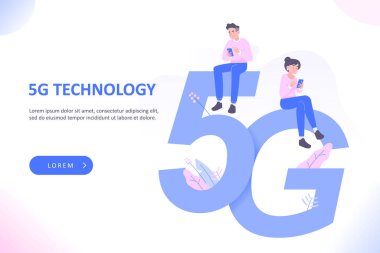 5G teknolojisi ya da yüksek hızlı internet bağlantısı kavramı. İnsanlar 5G harflerinin üzerinde oturuyor ve aletler kullanıyorlar. Kablosuz teknoloji, web iniş sayfası illüstrasyon konsepti