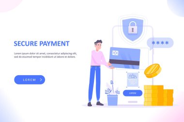 Ödeme güvenliği ya da mobil ödeme konsepti. Genç adam ödeme yöntemi olarak kredi kartı, parmak izi taraması ve akıllı telefona güvenlik kilidi, telefonun yanına bozuk para yığını, vektör illüstrasyon