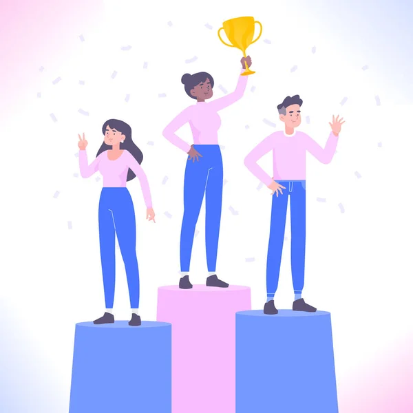 Vítězové Stupních Vítězů Mladí Kancelářští Lidé Stojí Pódiu Drží Zlatý — Stockový vektor