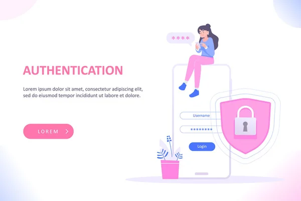 Login Pagina Authenticatie Concept Jonge Vrouw Zit Een Enorme Smartphone — Stockvector