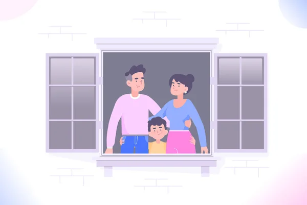 Stanna Hemma Konceptet Lycklig Familj Tittar Från Fönstret Självisolering Och — Stock vektor
