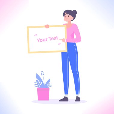 Elinde boş beyaz tabela ya da afiş tutan genç bir kadın ve üzerinde vektör illüstrasyonu var.