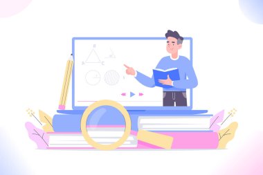 Çevrimiçi eğitim ve e-öğrenme kavramı. Bilgisayardaki genç erkek akıl hocası video sırasında ekrandaki unsurları gösteren kitaplar üzerinde çalışıyor. Uzaklık eğitimi ve video dersi konsepti, vektör illüstrasyonu