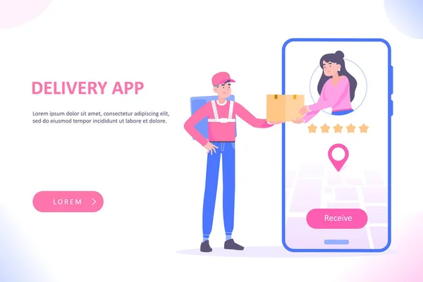 Bezorging App Concept Leverancier Geeft Pakket Aan Klant Grote Smartphone — Stockvector