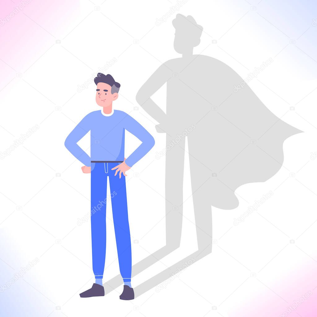 Self confidence concept. Young man standing and superhero shadow behind him. Leadership, ambition, success, motivation and encouragement metaphor, vector illustration