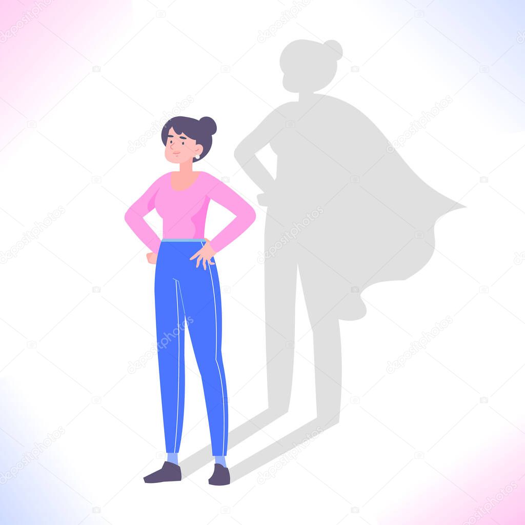 Self confidence concept. Young woman standing and superhero shadow behind her. Leadership, ambition, success, motivation and encouragement metaphor, vector illustration