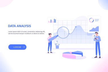 Veri analiz konsepti. Küçük insanlar gösterge paneli, grafik ve grafikle etkileşim halindedirler. İniş sayfası için büyük veriler ve iş istatistik kavramı, vektör illüstrasyonu