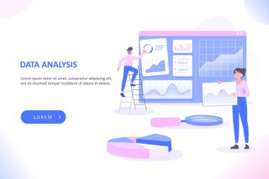 Veri analiz konsepti. Küçük insanlar gösterge paneli, grafik ve grafikle etkileşim halindedirler. Büyük veriler ve iş istatistik konsepti, vektör illüstrasyonu