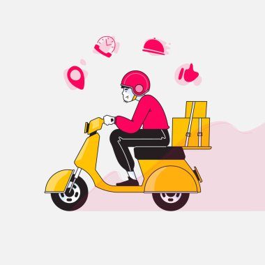 Teslimat, mutlu teslimatçı ya da çocuk scooter kullanıyor ya da paketleri zamanında teslim etmek için motosiklet kullanıyor.