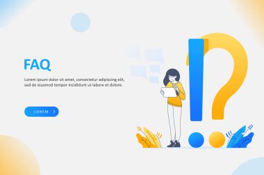 SSS sık sorulan sorular konsepti, elinde tablet tutan ve soruları cevaplayan genç bir kadın, müşteri destek konsepti, arka planda büyük soru işareti, vektör illüstrasyonu