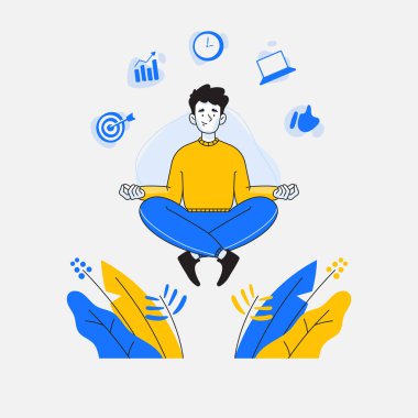 Meditasyon ya da farkındalık yapan erkek çalışan ya da işadamı, arka plan, çoklu görev ve zaman yönetimi kavramı, vektör illüstrasyonunda işle ilgili simgeler
