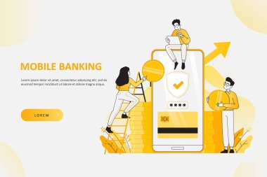 Mobil bankacılık ve finansal güvenlik kavramı. Gençler büyük akıllı telefonlar ve bozuk paralarla iletişim kuruyor, hesap güvenliği kavramı. Ekranda kart yönetimi, vektör illüstrasyonu