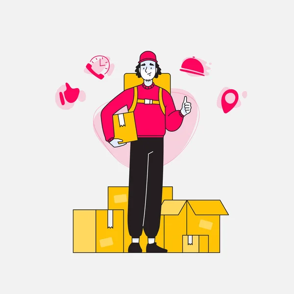 Delivery, happy delivery man or guy standing in front of boxes or packages, carrying box in other hand, delivery service icons around his head vector illustration