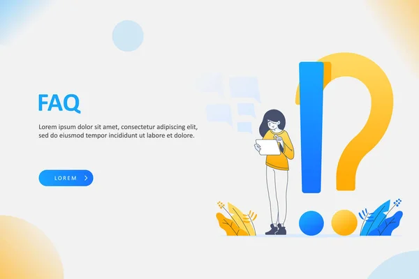 Faq Najczęściej Zadawane Pytania Koncepcja Młoda Kobieta Trzymająca Tablet Odpowiadająca — Wektor stockowy