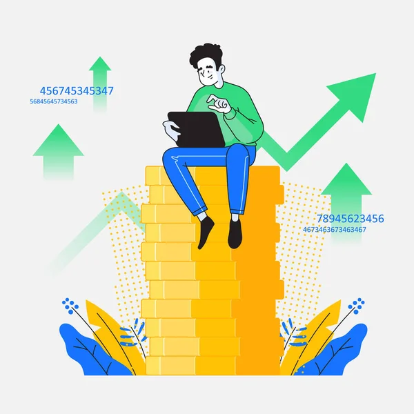 Conceito Negócio Finanças Investimento Jovem Consultor Financeiro Sentado Pilha Moedas —  Vetores de Stock