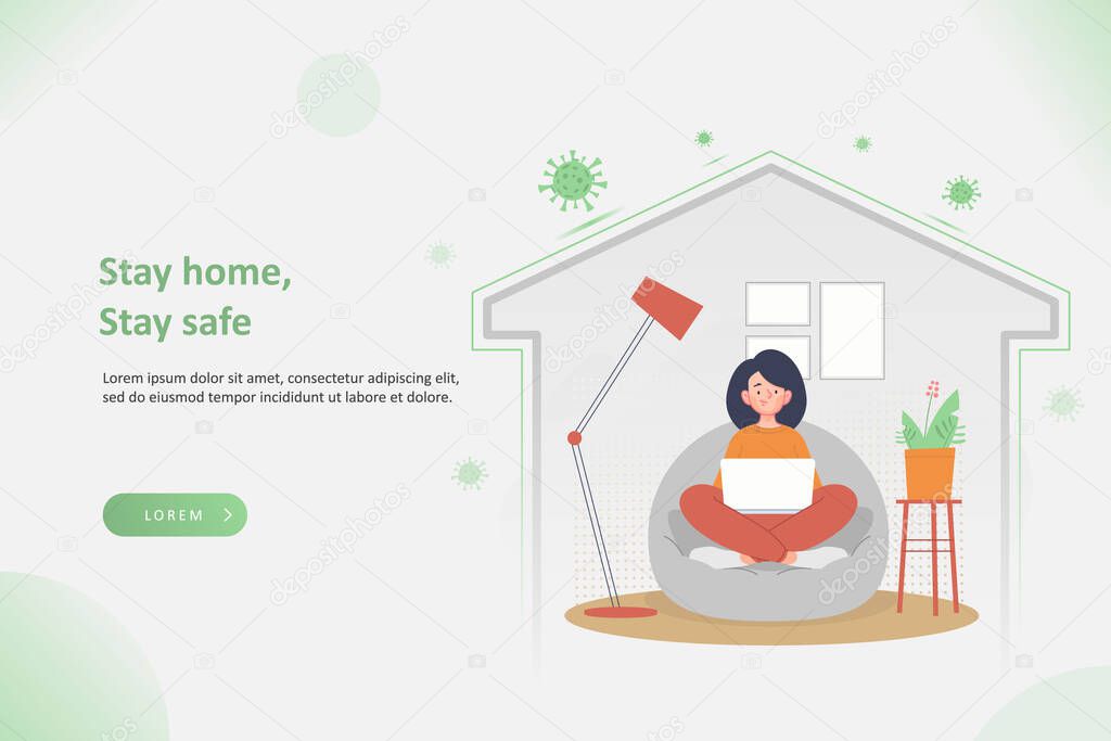 Young woman working at her home office during coronavirus or COVID-19 pandemic. Self isolation, remote or freelance work and quarantine concept. Stay home stay safe, vector illustration