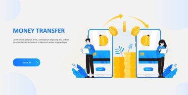Para transferi ve işlem konsepti. İnternetten tablet ya da akıllı telefon kullanarak para gönderen ve alan mutlu gençler. Web sitesi kahraman resim şablonu, vektör illüstrasyonu