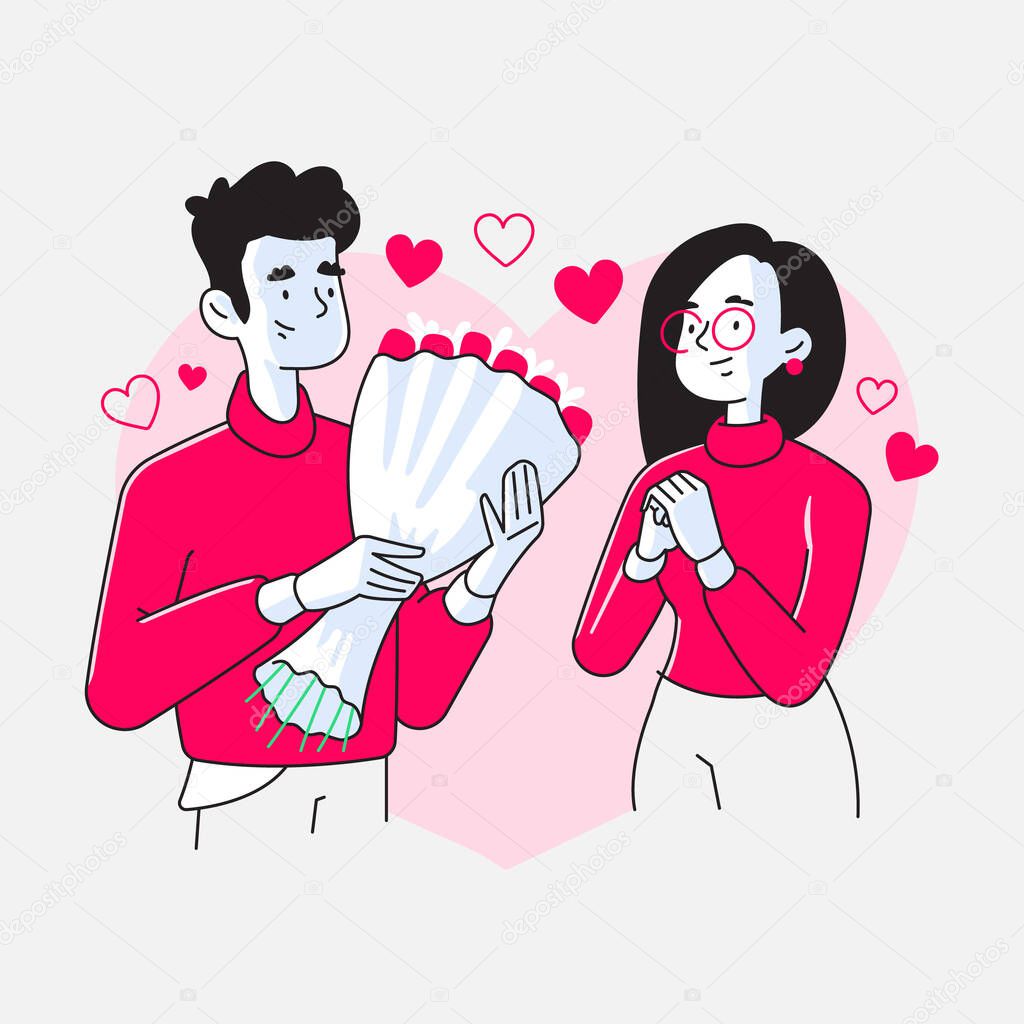 Couple celebrating valentine's day, man or boyfriend gives bouquet of roses to woman or his girlfriend and makes her happy, hearts in background, vector illustration