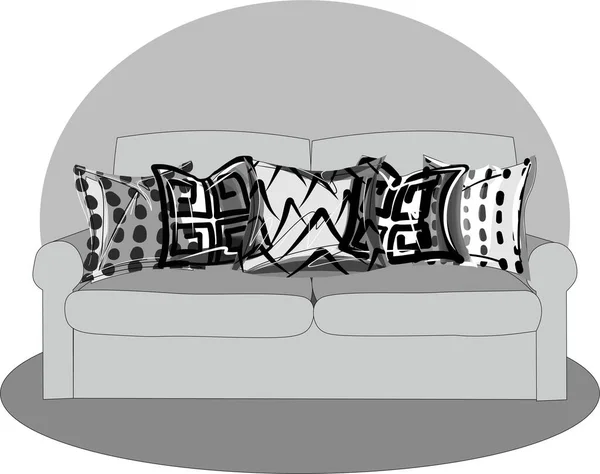 Illustration Vektor Eines Sofas Mit Fünf Isolierten Kissen — Stockvektor