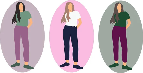  Uzun saçlı, tişörtlü ve kot pantolonlu güzel ve gururlu kızların vektör görüntüleri. Bir web sitesi, güzellik salonu, kuaför, giyim mağazası için. Beyaz ve renkli arkaplanda izole edilmiş resim.
