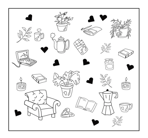Doodle tarzında şirin resimler. Rahatlatıcı. Bir sandalye, bir gül, kitaplar, bir çaydanlık, bir mum, kupalar vesaire. Karantina pozitif karalama simgeleri, ev elementleri. Evde Kalmak ve evde çalışmak için vektör eli çizildi. Beyaz arkaplanda izole.