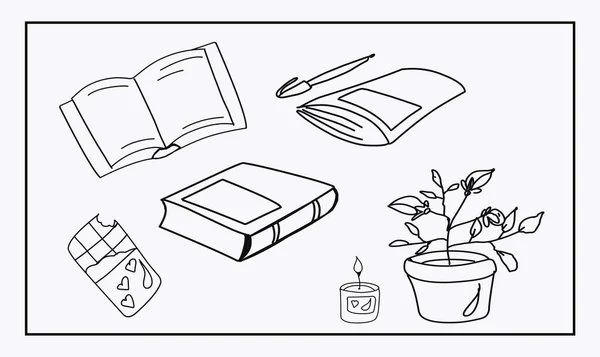 読書に関する落書きの画像のセット ノート 鉢植えの花 気分チョコレート 香りのキャンドル 白い背景に孤立した画像 — ストックベクタ