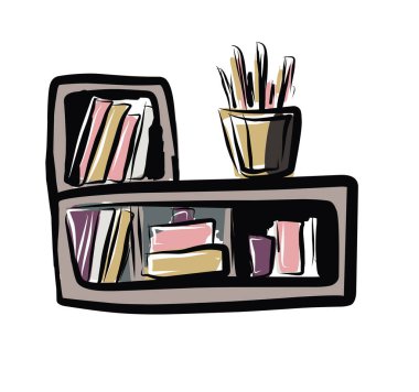 Çekmece sandığı. Kaldırım taşı. Rafta. Küçük bir masa. Ev hayatı ve konforla ilgili bir setten elle çizilmiş vektör resmi. Bir sürü ev eşyası ve mobilya var. Doodle tarzı. Ayrı çizimler.