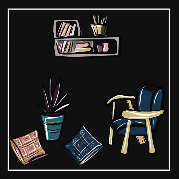 家具和家居用品在黑色背景上的一组孤立的图像 所有项目均可分开使用 落地灯 抽屉箱 — 图库矢量图片
