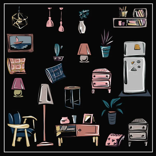 家具和家居用品在黑色背景上的一组孤立的图像 所有项目均可分开使用 落地灯 抽屉箱 — 图库矢量图片