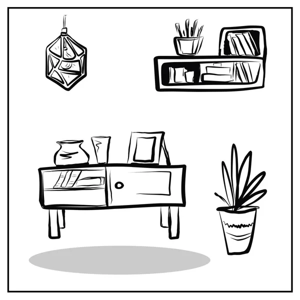 在白色的背景上画着一套孤立的家具和家居用品的图像 落地灯 椅子箱 — 图库矢量图片
