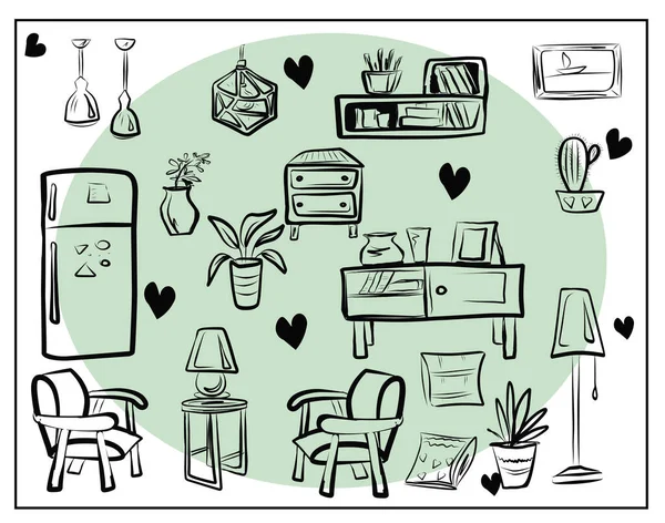 在白色的背景上画着一套孤立的家具和家居用品的图像 落地灯 椅子箱 — 图库矢量图片