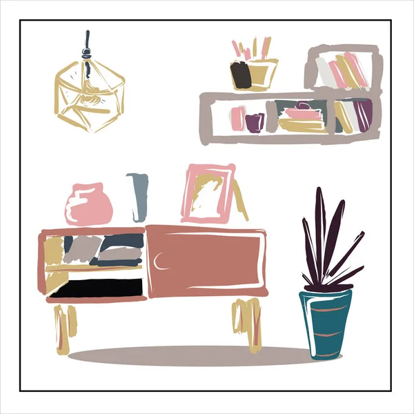 白色背景上的家具和家居用品的一组孤立的图像 所有项目均可分开使用 落地灯 抽屉箱 — 图库矢量图片