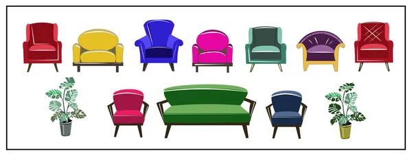 Ensemble Beaux Fauteuils Canapé Velours Rouge Vif Écarlate Rose Jaune — Image vectorielle