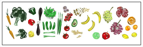 Χρωματική Απεικόνιση Μεμονωμένων Φρούτων Και Λαχανικών Λευκό Φόντο Μπρόκολο Κρεμμύδι — Διανυσματικό Αρχείο