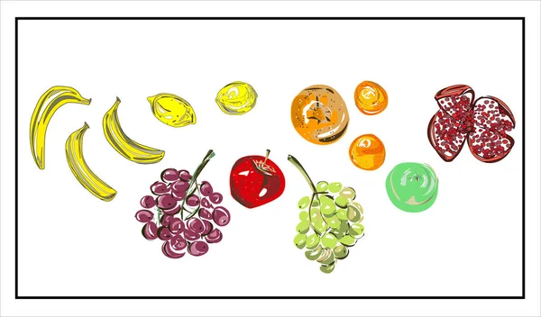 Ilustración Color Frutas Aisladas Sobre Fondo Blanco Manzanas Uvas Plátanos — Vector de stock