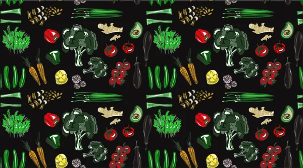 Яркий Рисунок Овощей Прозрачном Черном Цветном Фоне Помидоры Брокколи Авокадо — стоковый вектор