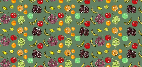 Bright Pattern Fruits Transparent Black Color Background Apples Bananas Grapes — Stock Vector
