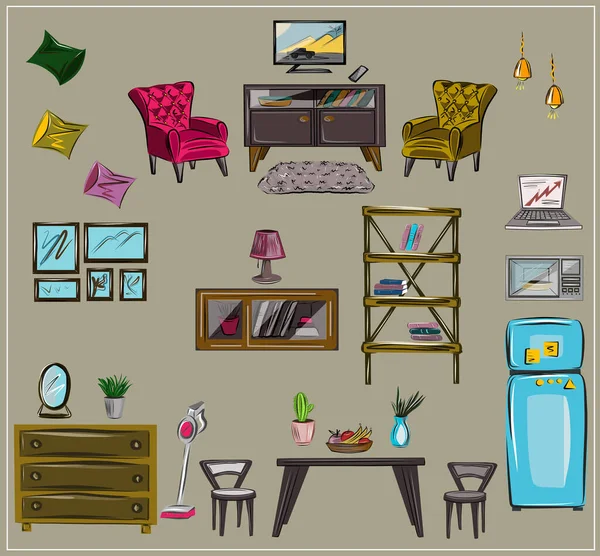 Muebles Diseño Listos Objetos Vectoriales Aislados Nevera Mesa Sillas Sillón — Vector de stock