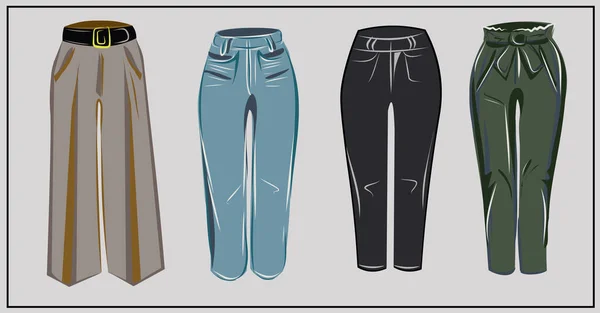 Schwarze Blaue Jeans Hose Khaki Klassisch Beige Hosen Übergroß Mode — Stockvektor